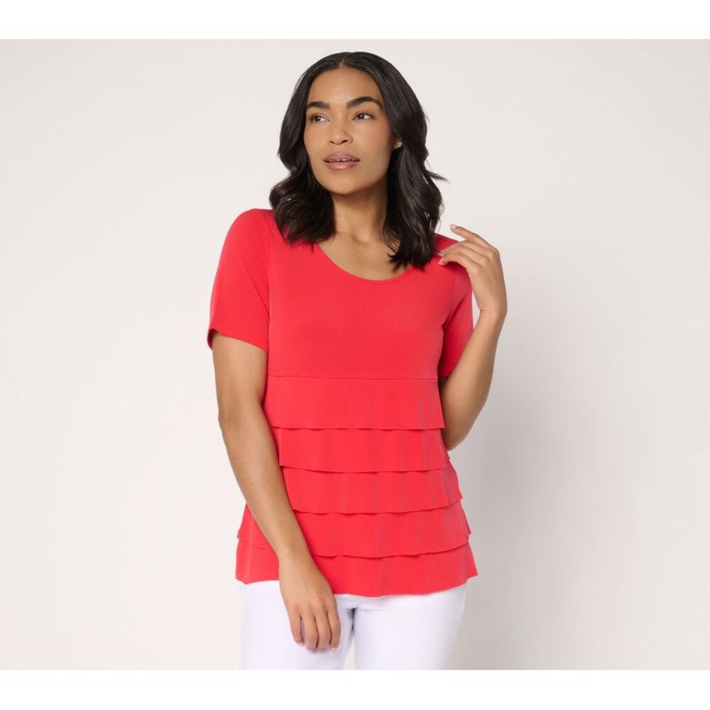 Susan Graver Women's Top Sz S Liquid Knit Short Sleeve Scoop-Neck Red A684073